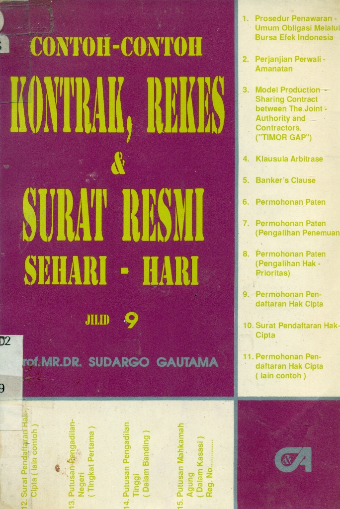 Cover CONTOH-CONTOH KONTRAK, REKES & SURAT RESMI SEHARI-HARI JILID 9 / SUDARGO GAUTAMA