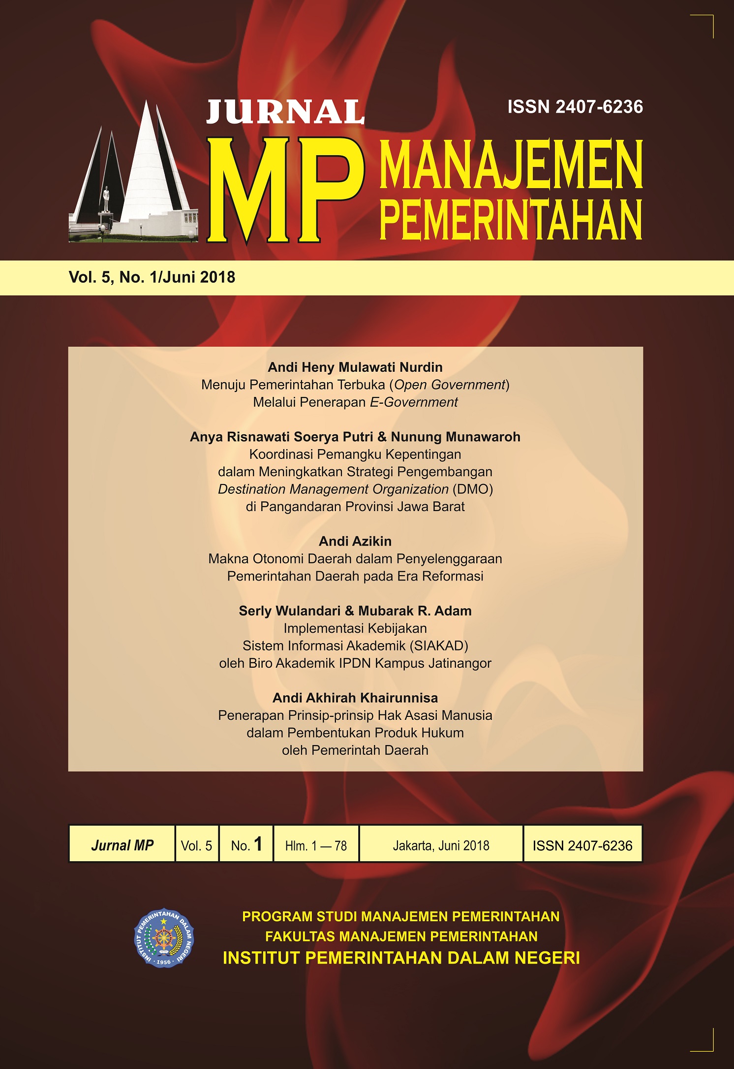 Cover JURNAL MP MANAJEMEN PEMERINTAHAN :  Vol. 5, No. 2/ Desember 2018 / DR. BAMBANG SUPRIYADI, BE.,M.SI